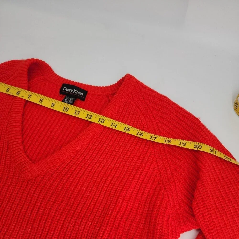 Curry Knits V-neck Cable Knit Bright Red Sweater Unisex  size M - Picture 4 of 7
